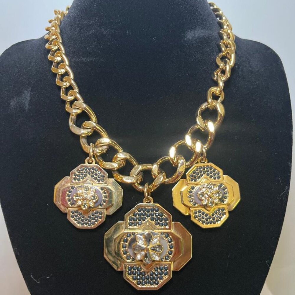 Gold tone, Black and White Crystal Floral Chain Necklace